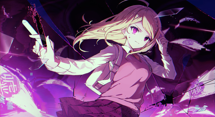 1girl akamatsu_kaede backpack bag bangs blonde_hair breasts closed_mouth collared_shirt danganronpa_(series) danganronpa_v3:_killing_harmony grey_shirt hair_ornament hand_up highres holding large_breasts long_hair long_skirt long_sleeves musical_note musical_note_hair_ornament musical_note_print necktie orange_necktie pink_eyes pink_skirt pink_vest pleated_skirt shirt skirt solo sweat vest yuui1994