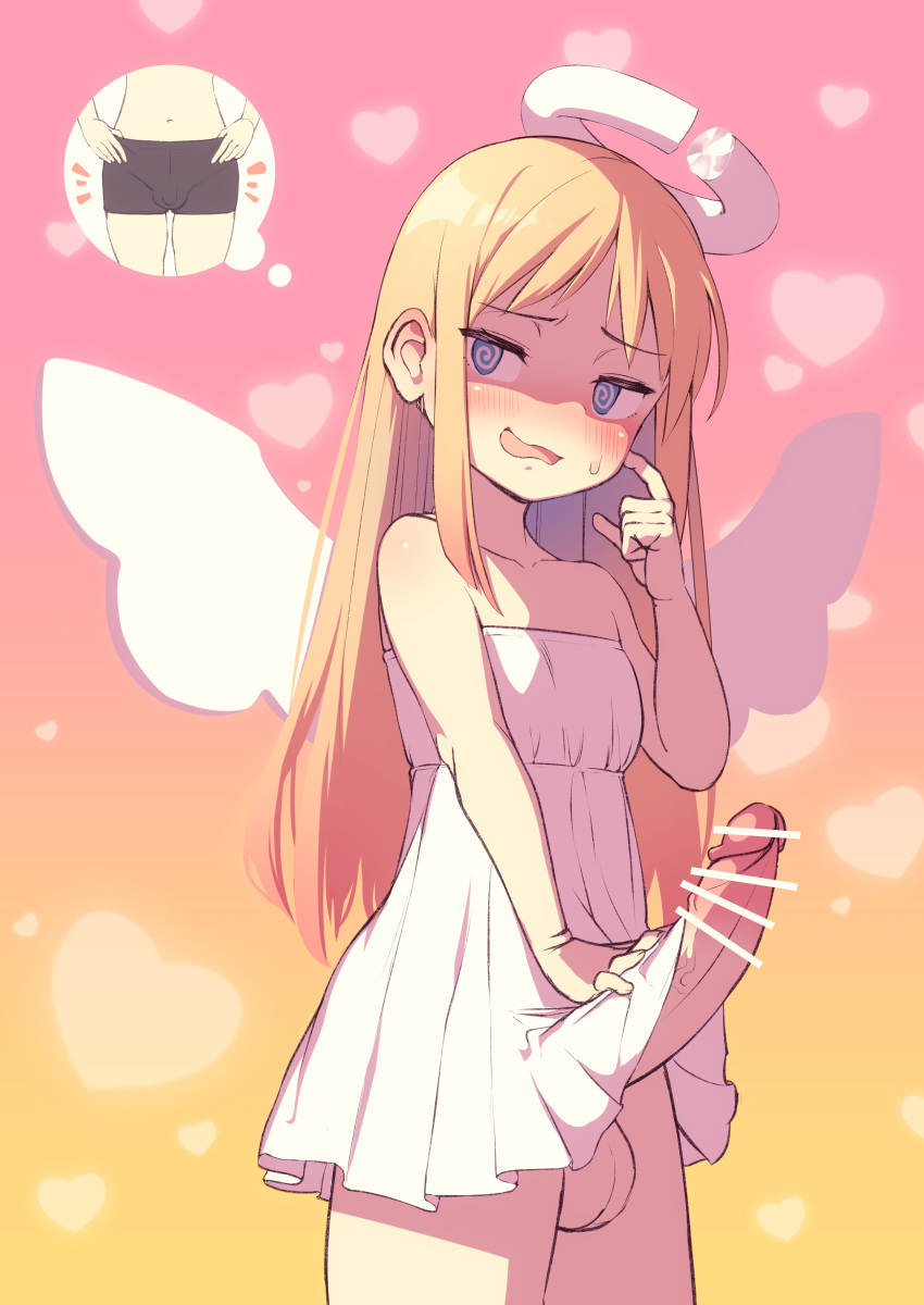1other @_@ absurdres angel_wings bar_censor blonde_hair blue_eyes blush broken_halo censored clothes_lift crimvael dress dress_lift erection finger_to_cheek futanari halo hand_on_own_penis highres index_finger_raised ishuzoku_reviewers large_penis lifted_by_self long_hair looking_at_viewer open_mouth penis shaded_face solo strapless strapless_dress sweatdrop testicles white_dress wings yana_(nekoarashi)