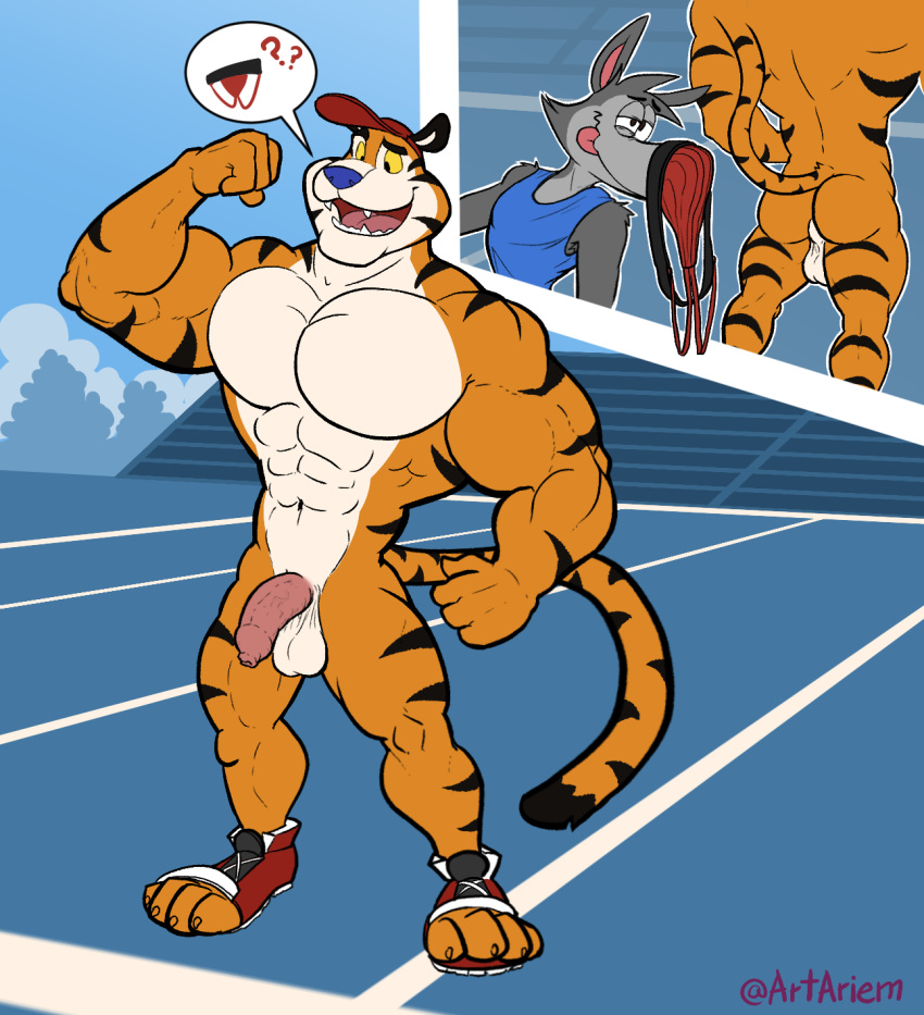 abs anthro artariem balls big_biceps big_muscles big_pecs bleachers blue_nose butt canid canine canis chip_the_wolf clothing cookie_crisp duo fangs felid flaccid flexing_bicep football_field footwear foreskin frosted_flakes furgonomics genitals grey_body headgear hi_res jockstrap jockstrap_on_face kellogg's male male/male mammal mascot muscular musk nude orange_body pantherine pecs penis pink_penis red_clothing shirt shoes slim smile sniffing tiger tongue tongue_out tony_the_tiger topwear underwear underwear_sniffing white_balls white_chest wolf yellow_eyes