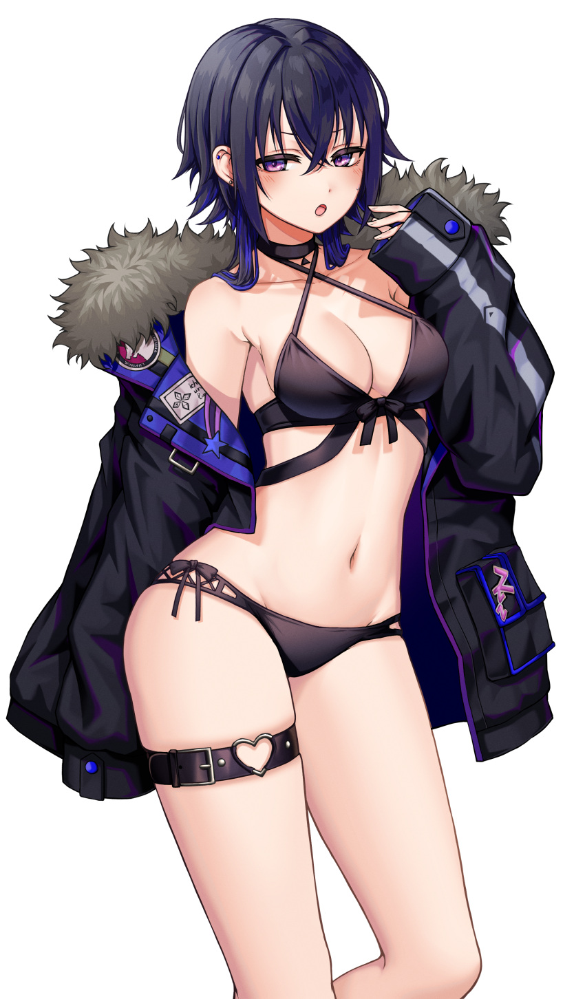 1girl absurdres bangs bare_shoulders bikini black_bikini black_hair black_jacket blush breasts choker cleavage collarbone criss-cross_halter ear_piercing feet foot_focus fur-trimmed_jacket fur_trim groin_tendon halterneck hand_up highres ichinose_uruha jacket kushinaka long_hair long_sleeves looking_at_viewer lupinus_virtual_games medium_breasts multicolored_hair navel open_clothes open_jacket open_mouth piercing purple_eyes sidelocks simple_background solo swimsuit thigh_strap two-tone_hair virtual_youtuber vspo! white_background