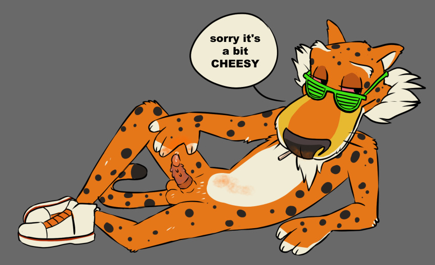 anatomically_correct anatomically_correct_genitalia anatomically_correct_penis anthro cheese_powder cheetah cheetos chester_cheetah clothing drugs egg_n_sausage eyewear felid feline footwear genitals glasses hi_res male mammal marijuana mascot penis shoes smoking solo spots