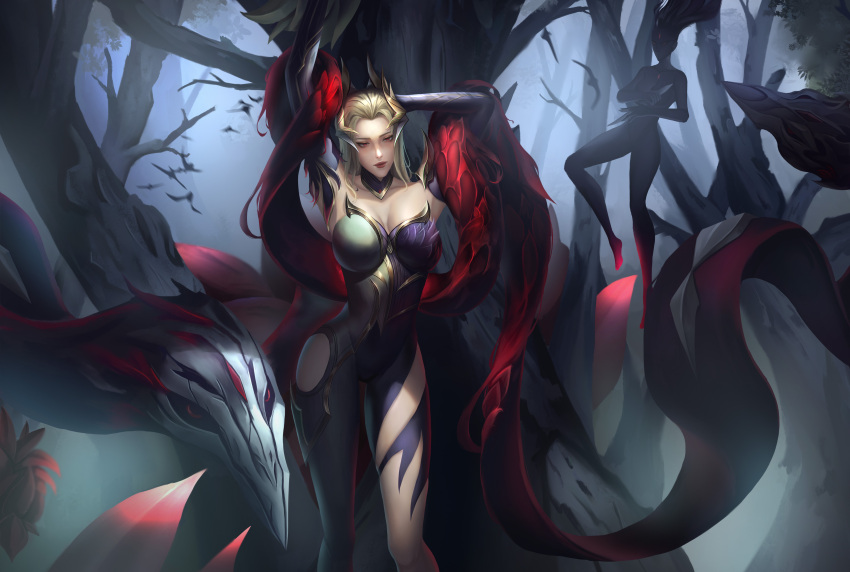 2girls absurdres animal arms_up bangs bare_shoulders bird black_skin blonde_hair breasts closed_mouth collarbone colored_skin elbow_gloves feet_out_of_frame fog forest gloves highres holding holding_weapon large_breasts league_of_legends long_hair looking_at_viewer makoto_mikado_kon_ko_so multiple_girls nature official_alternate_costume outdoors red_lips solo_focus tree weapon zyra