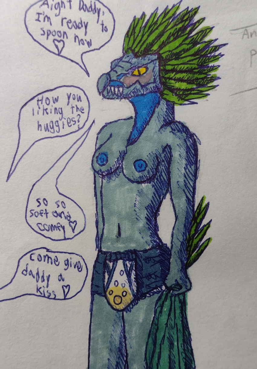 028-mendicantspire alien anthro avian blush bodily_fluids clothed clothing cute_expression dialogue diaper feathers female genital_fluids green_body green_feathers halo_(series) hi_res holding_object huggies_drynites humanoid infantilism kig-yar microsoft partially_clothed roleplay scalie solo t'vaoan tomboy urine video_games wet wet_diaper wetting xbox_game_studios