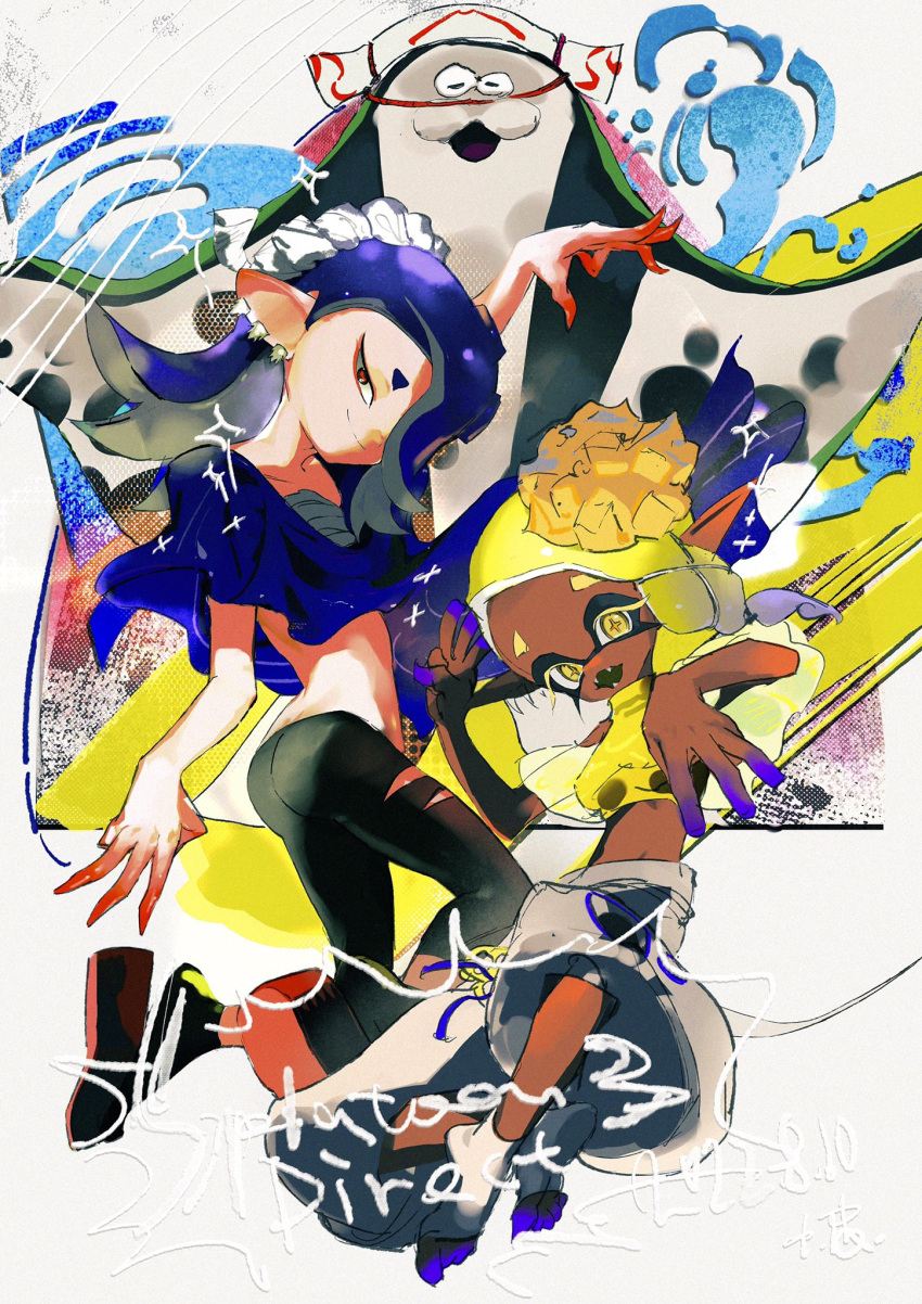 1boy 2girls arm_up ass big_man_(splatoon) black_pants blonde_hair blue_hair butt_crack chest_sarashi closed_mouth colored_eyelashes colored_skin crop_top cross-shaped_pupils dark-skinned_female dark_skin earrings fangs food food_on_head forehead frye_(splatoon) gradient_hair gradient_skin hachimaki hair_over_one_eye hand_up headband highres jewelry long_hair lowleg lowleg_pants manta_ray multicolored_hair multicolored_skin multiple_earrings multiple_girls nejiri_hachimaki object_on_head octarian open_mouth pants pointy_ears poncho purple_hair purple_skin red_eyes red_footwear red_skin sarashi see-through shiver_(splatoon) shoukawa_(babaofnoreturn) smile socks splatoon_(series) splatoon_3 suction_cups tempura tentacle_hair toeless_legwear turtleneck turtleneck_crop_top two-tone_skin white_pants white_socks yellow_crop_top