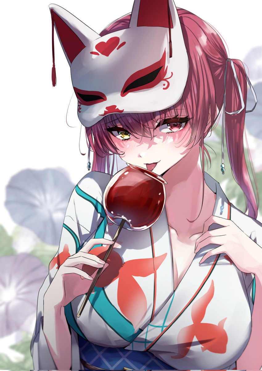 1girl bangs blush breasts candy_apple food hair_ribbon heterochromia highres holding hololive houshou_marine japanese_clothes kimono kuratarou0011 large_breasts long_hair looking_at_viewer mask mask_on_head open_mouth red_eyes red_hair ribbon sash smile solo tongue tongue_out twintails virtual_youtuber yellow_eyes yukata