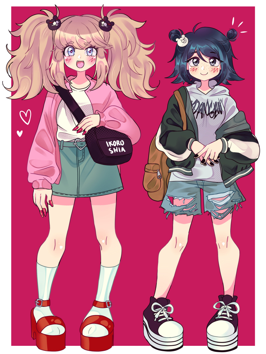 2girls :d absurdres alternate_hairstyle backpack bag bangs bear_hair_ornament belt black_hair black_nails blonde_hair blue_eyes blush buckle clothes_writing copyright_name danganronpa:_trigger_happy_havoc danganronpa_(series) denim denim_shorts denim_skirt double_bun enoshima_junko fang fingernails freckles grey_eyes hair_bun hair_ornament heart heart-shaped_buckle heart-shaped_pupils highres hood hoodie ikusaba_mukuro jacket long_fingernails long_hair multiple_girls nail_polish open_mouth own_hands_together pants platform_footwear platform_heels red_nails shoes short_hair shorts shoulder_bag siblings sisters skirt smile sneakers socks symbol-shaped_pupils tenhimi torn_clothes torn_pants twintails two_side_up