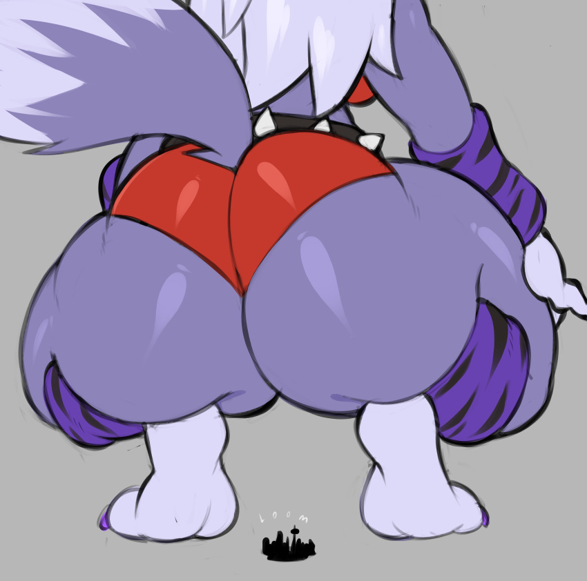 absurd_res anthro arm_warmers armwear big_butt bottomwear butt canid canine canis city clothing crouching english_text female five_nights_at_freddy's five_nights_at_freddy's:_security_breach grey_body hair hi_res huge_butt leg_warmers legwear macro mammal roxanne_wolf_(fnaf) scottgames shorts solo text thick_thighs video_games virito white_hair wolf