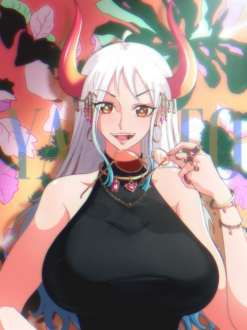 1girl absurdres ahoge bangs bare_shoulders bracelet breasts club_(weapon) curled_horns ear_piercing earrings hair_ornament hair_stick highres horns huge_breasts jewelry kanabou looking_at_viewer multicolored_horns necklace one_piece oni opalisart open_mouth orange_horns piercing ring shirt sleeveless sleeveless_shirt weapon white_hair yamato_(one_piece)