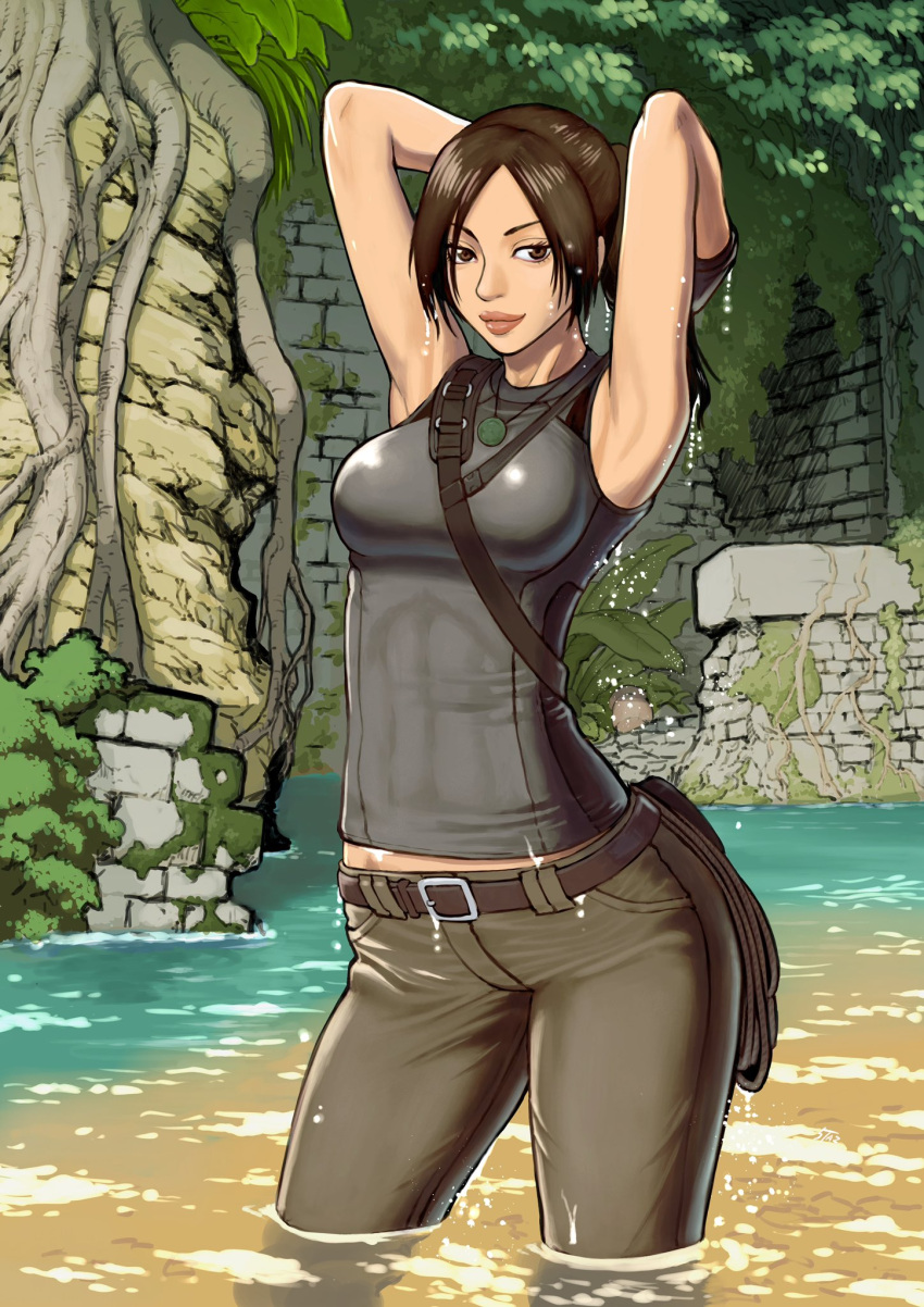 1girl 5tatsu armpits arms_behind_head bangs bare_arms belt belt_buckle breasts brick_wall brown_eyes brown_hair buckle cowboy_shot gloves grey_pants grey_shirt highres jewelry lara_croft large_breasts long_hair looking_at_viewer midriff_peek necklace outdoors pants parted_bangs partially_submerged ponytail ruins shirt shoulder_strap solo tank_top thick_lips tomb_raider wet wet_clothes wet_hair