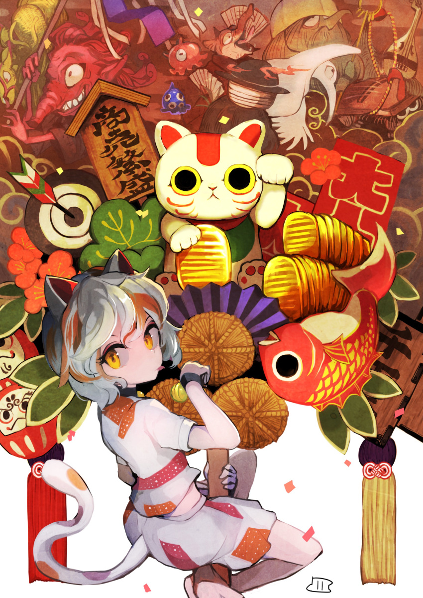 1girl absurdres animal_ears arrow_(projectile) bangs banner barefoot bell cat_ears cat_girl cat_tail coin commentary creature creature_request crop_top daruma_doll demon fish flower full_body gold goutokuji_mike hamaya hand_fan highres holding holding_pole instrument koban_(gold) koi looking_at_viewer looking_back lute_(instrument) maaru_(akira428) maneki-neko medium_hair multicolored_hair neck_bell orange_hair patchwork_clothes paw_pose pole red_flower sashimono shirt short_sleeves shorts sideways_glance signature streaked_hair tail target tassel tongue tongue_out touhou white_background white_hair white_shirt white_shorts wristband yellow_eyes youkai