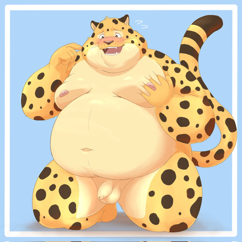 2022 anthro balls belly benjamin_clawhauser big_belly blush cheetah countershading disney felid feline flaccid genitals gomdepp hi_res humanoid_genitalia humanoid_hands humanoid_penis kemono male mammal moobs navel nipples overweight overweight_male penis simple_background solo zootopia