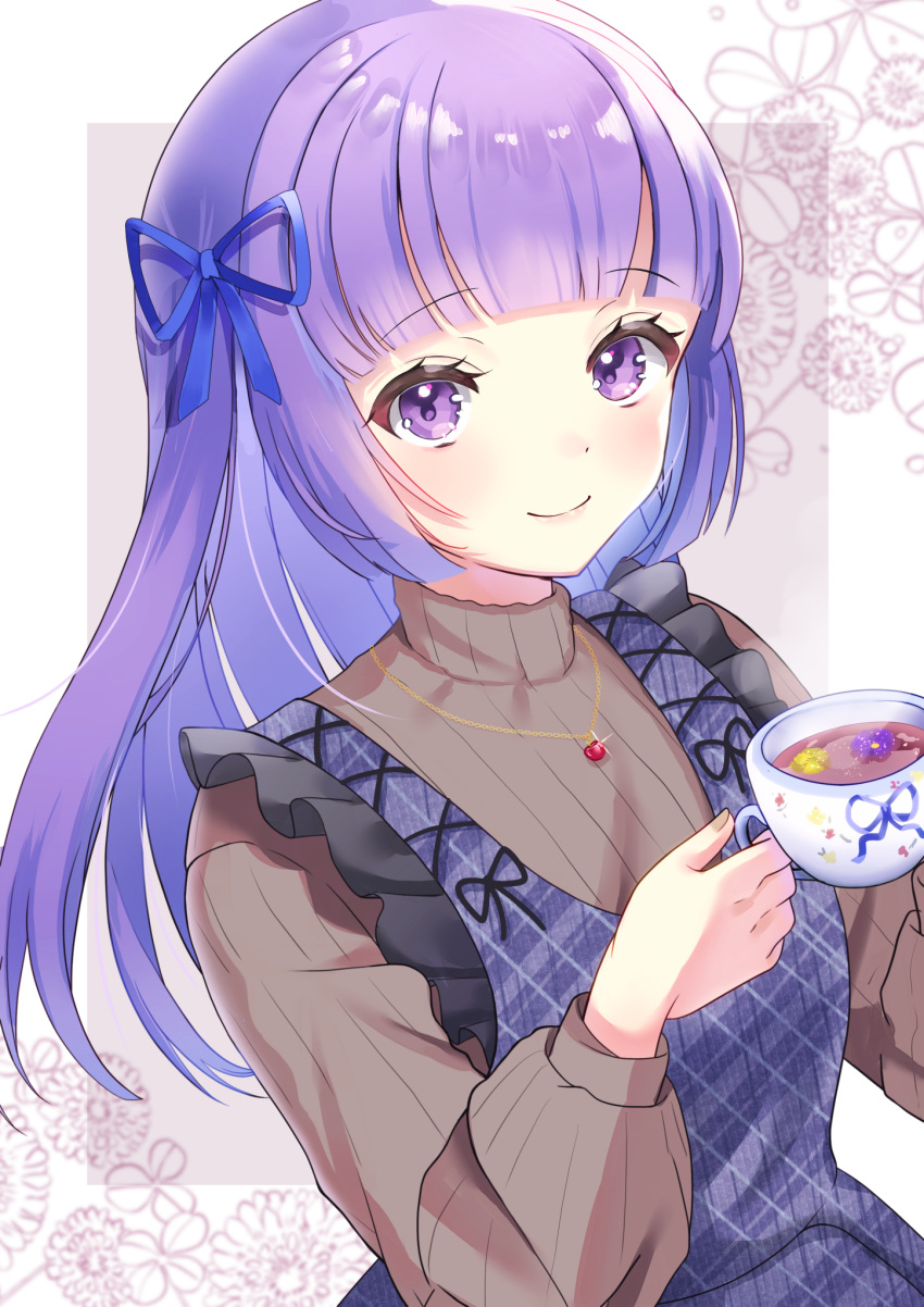 1girl aikatsu!_(series) bangs blunt_bangs blush cup dress flower frilled_dress frills glint hair_ribbon highres hikami_sumire holding holding_cup jewelry kowano long_hair long_sleeves looking_at_viewer nail_polish necklace pinafore_dress purple_eyes purple_hair ribbon smile solo steam sweater tea teacup