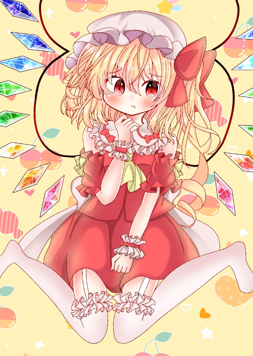 1girl adapted_costume back_bow bare_shoulders blonde_hair blush bow closed_mouth crystal flandre_scarlet frilled_shirt_collar frilled_sleeves frilled_thighhighs frills full_body garter_straps hair_between_eyes hat heart highres medium_hair mob_cap multicolored_wings no_shoes pout rainbow_order rainbow_wings red_eyes red_shirt red_skirt ribbon shiraishikotori shirt short_sleeves side_ponytail simple_background skirt solo thighhighs touhou white_bow white_headwear white_thighhighs wings wrist_cuffs yellow_background