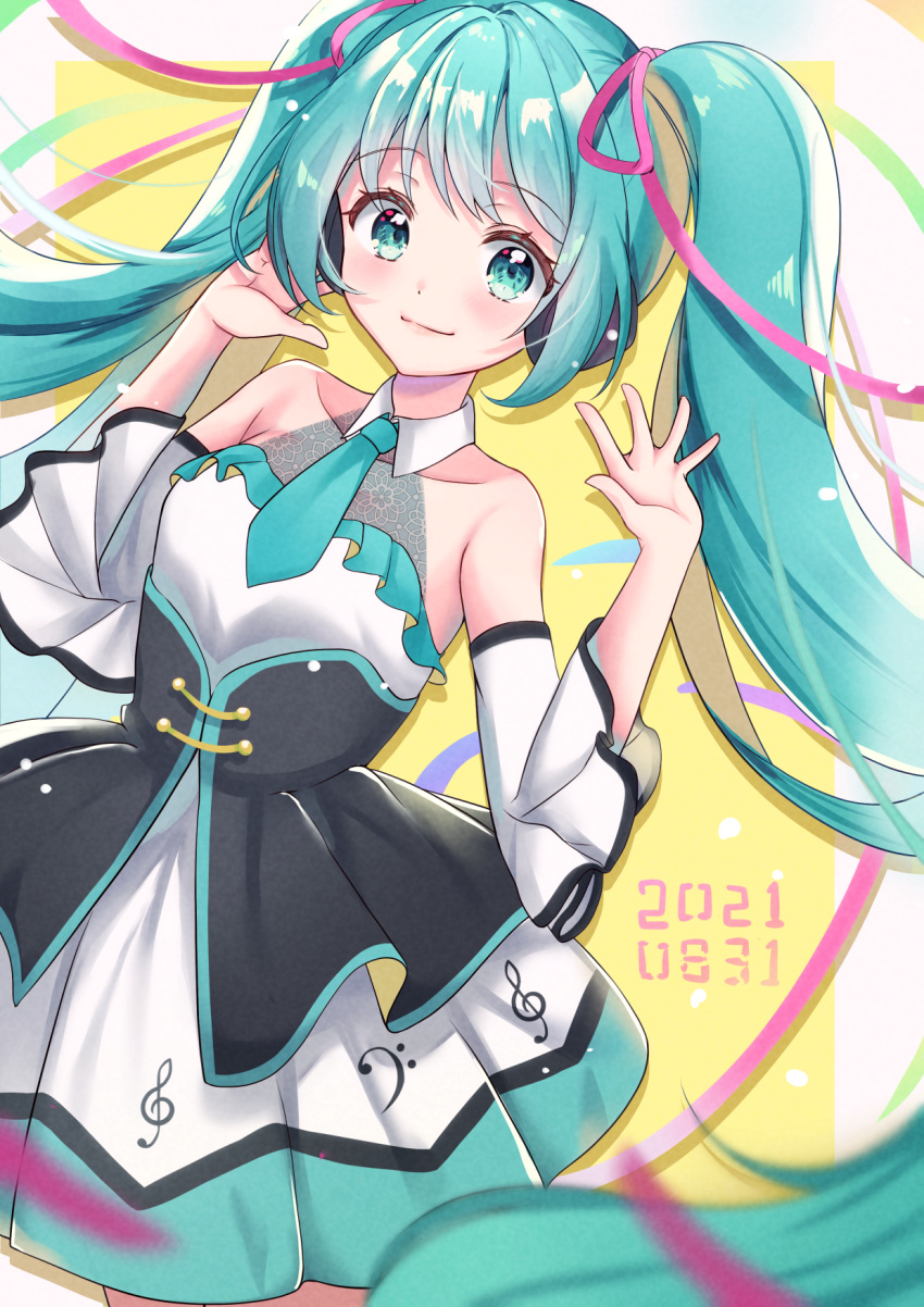 1girl 2021 bangs blue_eyes blue_hair blush collared_dress dated detached_sleeves dress hair_ribbon hand_on_headphones hatsune_miku headphones highres kowano long_hair musical_note musical_note_print necktie ribbon see-through see-through_dress sleeveless sleeveless_dress smile solo twintails underbust very_long_hair vocaloid