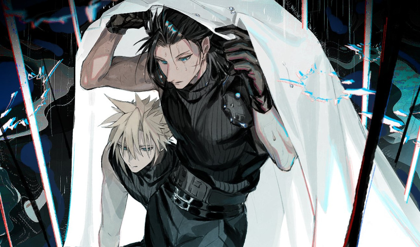 2boys aqua_eyes armor belt black_gloves black_hair blanket blonde_hair cloud_strife earrings final_fantasy final_fantasy_vii final_fantasy_vii_remake gloves hair_between_eyes hair_slicked_back hands_up holding holding_blanket jewelry looking_down male_focus medium_hair multiple_belts multiple_boys pokashi rain scar scar_on_cheek scar_on_face short_hair shoulder_armor single_earring sleeveless sleeveless_turtleneck turtleneck upper_body water_drop wet zack_fair