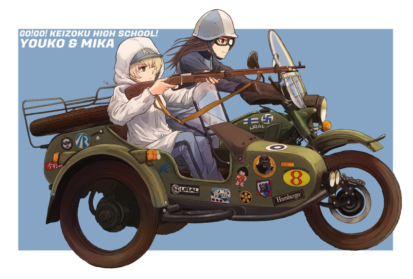 2girls bangs baseball_cap blue_eyes blue_pants brown_hair coat girls_und_panzer girls_und_panzer_saishuushou goggles ground_vehicle gun hat highres hooded_coat kaisoku_hirosuko mika_(girls_und_panzer) motor_vehicle motorcycle multiple_girls pants rifle short_hair sidecar sticker track_pants weapon white_coat youko_(girls_und_panzer)