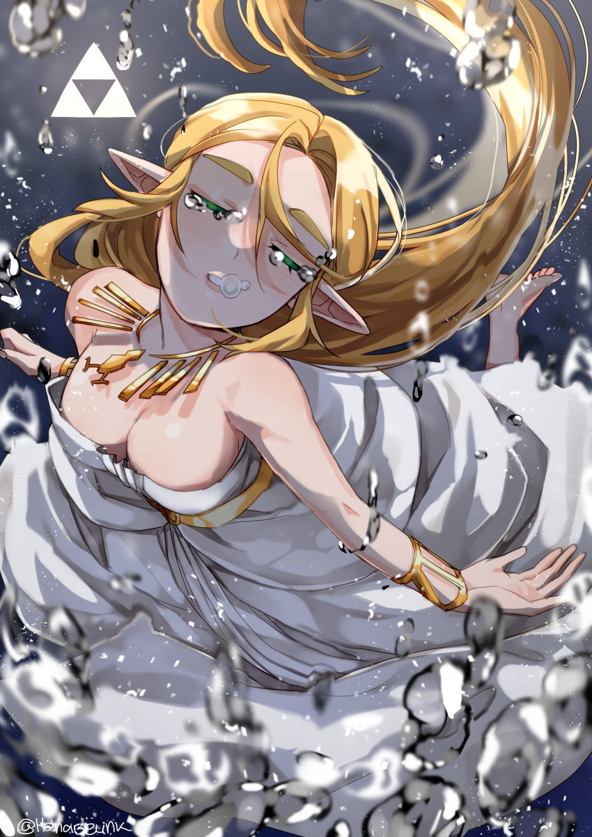 1girl absurdres bare_shoulders barefoot belt blonde_hair bracer breasts bubble cleavage closed_eyes dress english_commentary gown hair_between_eyes hanabelink highres jewelry large_breasts long_dress long_hair necklace no_bra pointy_ears princess_zelda solo strapless strapless_dress the_legend_of_zelda the_legend_of_zelda:_breath_of_the_wild thick_eyebrows triforce underwater very_long_hair white_dress