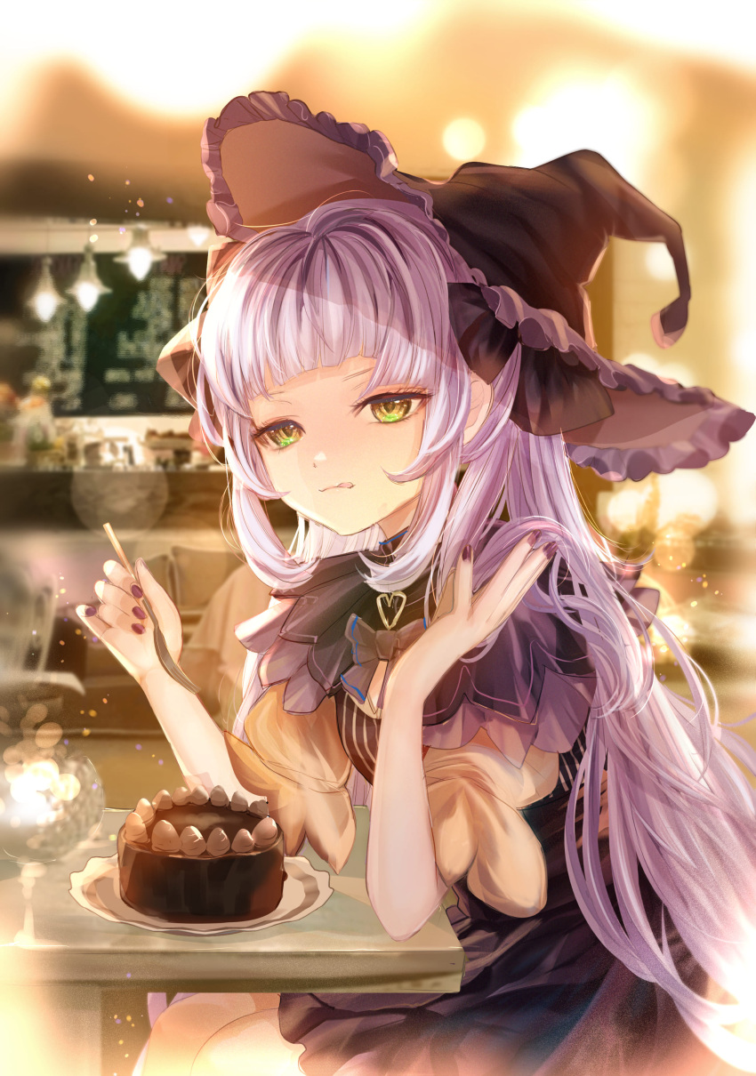 1girl absurdres bangs blunt_bangs blurry blurry_background bokeh bow cafe cake chocolate_cake depth_of_field food fork frilled_hat frills hand_in_own_hair hat highres holding holding_fork hololive indoors komirihikku licking_lips long_hair murasaki_shion nail_polish p: puffy_short_sleeves puffy_sleeves restaurant short_sleeves smile solo table tongue tongue_out very_long_hair virtual_youtuber white_hair witch_hat yellow_eyes