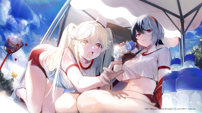 2girls absurdres alternate_costume black_hair blonde_hair bottle breasts drinking gym_uniform highres jacket loading_screen medium_breasts multicolored_hair multiple_girls navel nishikikope official_alternate_costume open_clothes open_mouth outdoors red_eyes shirt short_hair short_sleeves split-color_hair sweat twintails two-tone_hair umbrella water_bottle white_hair white_shirt zipper