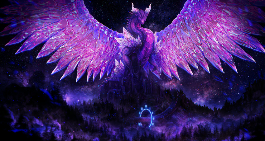 2022 ambiguous_gender claws detailed_background digital_media_(artwork) dragon feral hi_res horn isvoc night outside purple_body purple_scales scales scalie sky solo spines star starry_sky western_dragon wings