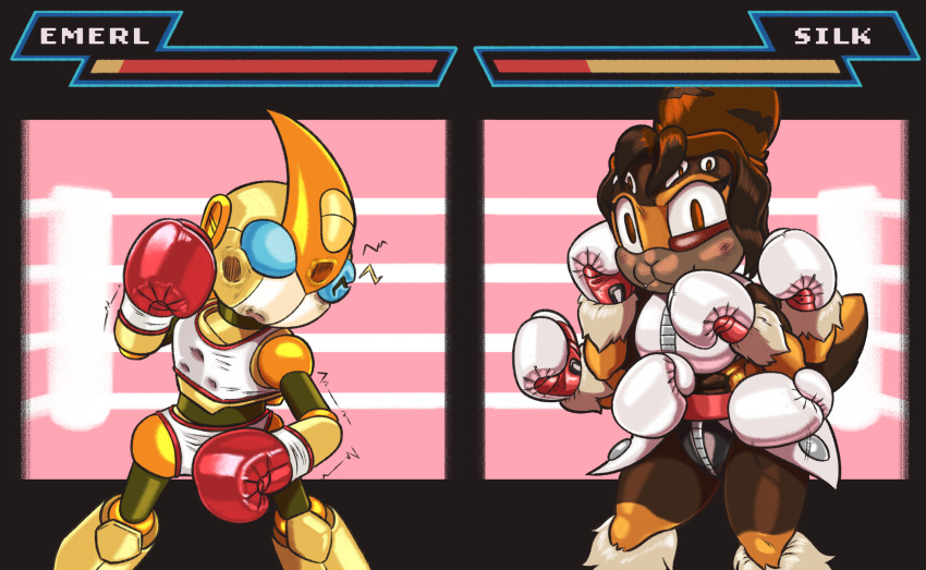 2022 anthro arachnid arthropod blue_eyes boxing boxing_gloves breasts brown_body brown_eyes brown_hair bruised_eye clothing cute_fangs damaged dcheese digital_media_(artwork) duo emerl female fighting_ring gameplay_mechanics gizoid hair hand_tuft handwear health_bar hi_res machine male multi_arm multi_eye multi_limb mygalomorph non-mammal_breasts orange_body robot sega sonic_the_hedgehog_(series) spider sport tarantula