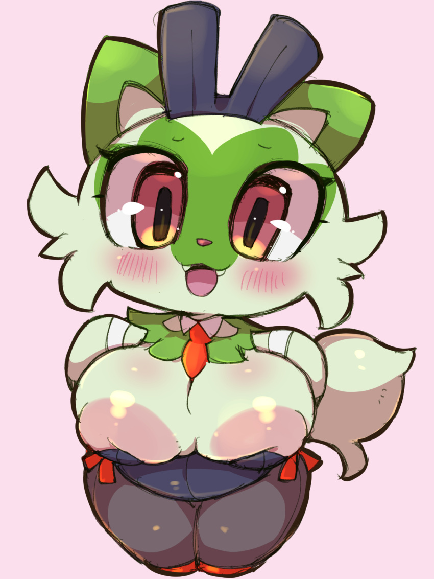 anthro big_breasts blush breasts clothed clothing female green_body hi_res looking_at_viewer nekoyuu nintendo nipples open_mouth pok&eacute;mon pok&eacute;mon_(species) pok&eacute;morph solo sprigatito thick_thighs video_games