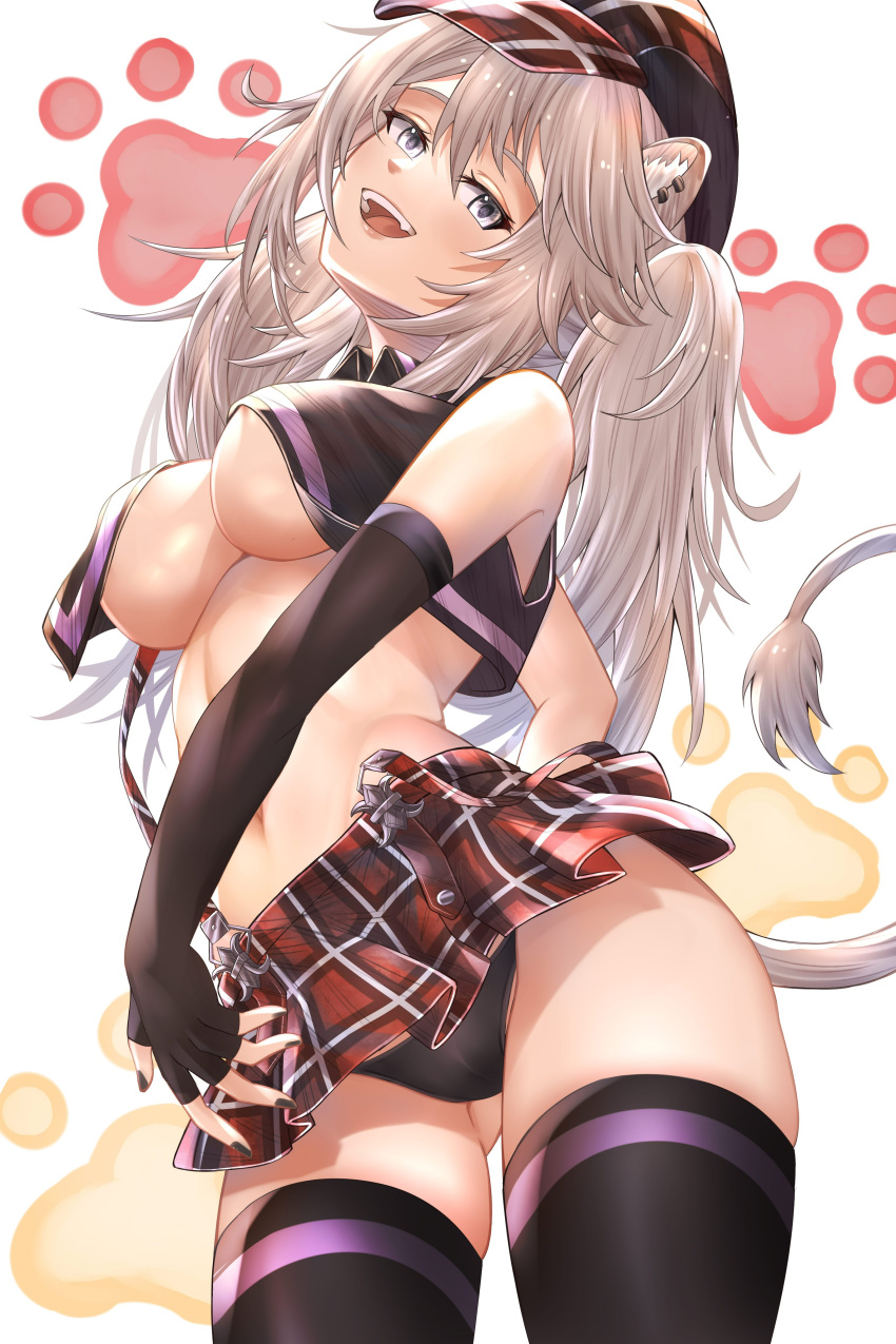 1girl absurdres alisa_ilinichina_amiella alisa_ilinichina_amiella_(cosplay) animal_ears areola_slip ass_visible_through_thighs bare_shoulders black_nails black_panties black_thighhighs breasts cameltoe cleavage cosplay crop_top cropped_vest earrings elbow_gloves fingerless_gloves from_below gloves god_eater grey_eyes grey_hair hair_between_eyes hat head_tilt highres hololive honkivampy jewelry leaning_back lion_ears lion_girl lion_tail long_hair looking_at_viewer microskirt midriff navel no_bra open_mouth panties pantyshot paw_print paw_print_background plaid plaid_skirt pleated_skirt shishiro_botan simple_background skirt sleeveless smile solo suspender_skirt suspenders tail thighhighs twintails underboob underwear vest virtual_youtuber visor_cap