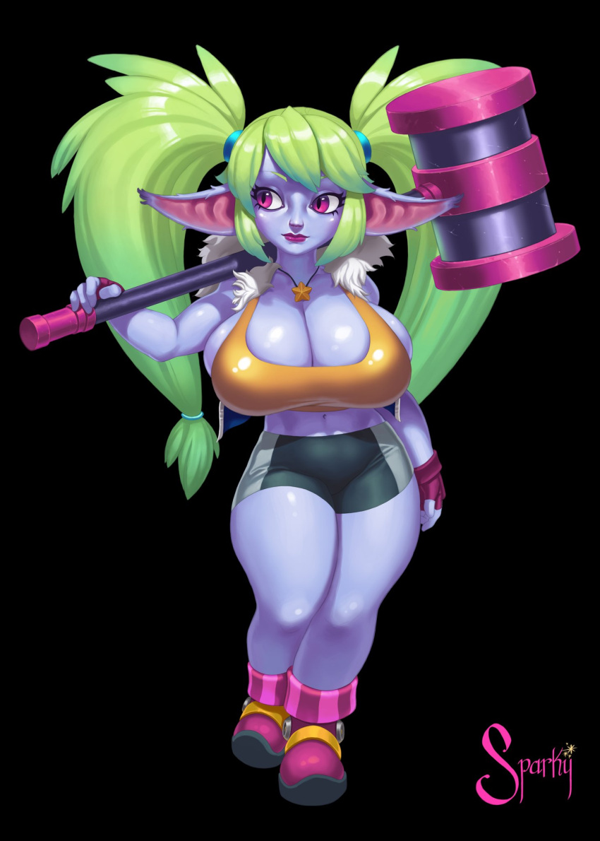 athletic athletic_female big_breasts bottomwear bra breasts cleavage clothed clothing female fully_clothed gym_bottomwear gym_clothing gym_shorts hammer handwear hi_res huge_breasts humanoid humanoid_pointy_ears league_of_legends melee_weapon not_furry poppy_(lol) riot_games short_stack shorts simple_background solo sparkygirlsart sports_bra sportswear standing thick_thighs tight_clothing tools topwear underwear video_games weapon wide_hips yordle