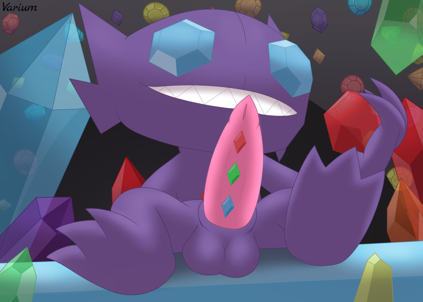 absurd_res animal_genitalia animal_penis balls big_penis claws crystal digital_media_(artwork) erection feet foot_focus gem genitals ghost hi_res holding_gem holding_object jewelry looking_at_viewer male nintendo penis pok&eacute;mon pok&eacute;mon_(species) presenting presenting_balls presenting_penis purple_body sableye sheath simple_background smile solo spirit teeth varium video_games