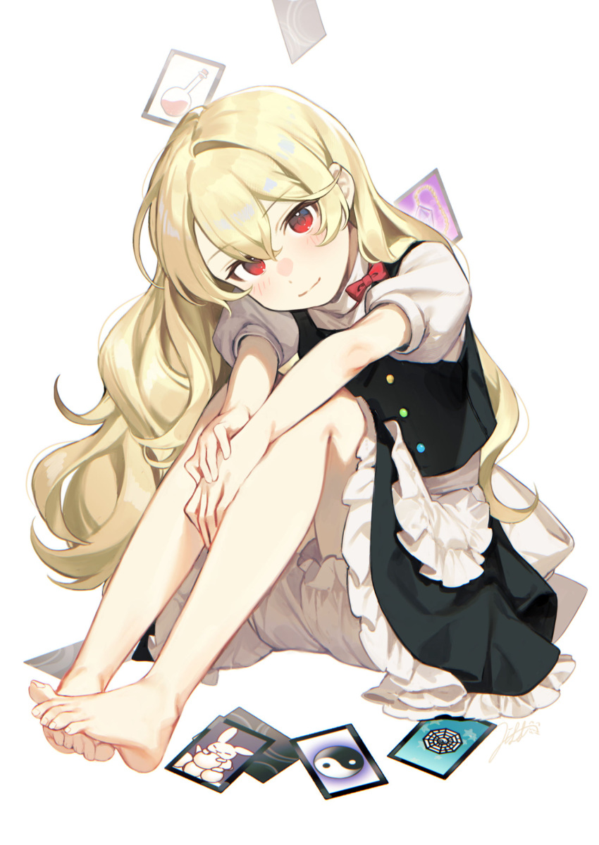 100th_black_market 1girl ability_card_(touhou) bangs barefoot blonde_hair bloomers buttons card feet hair_between_eyes highres jill_07km kirisame_marisa knees_up letter light_smile long_hair looking_at_viewer puffy_sleeves red_eyes short_sleeves simple_background sitting solo toes touhou underwear very_long_hair white_background yin_yang yin_yang_print