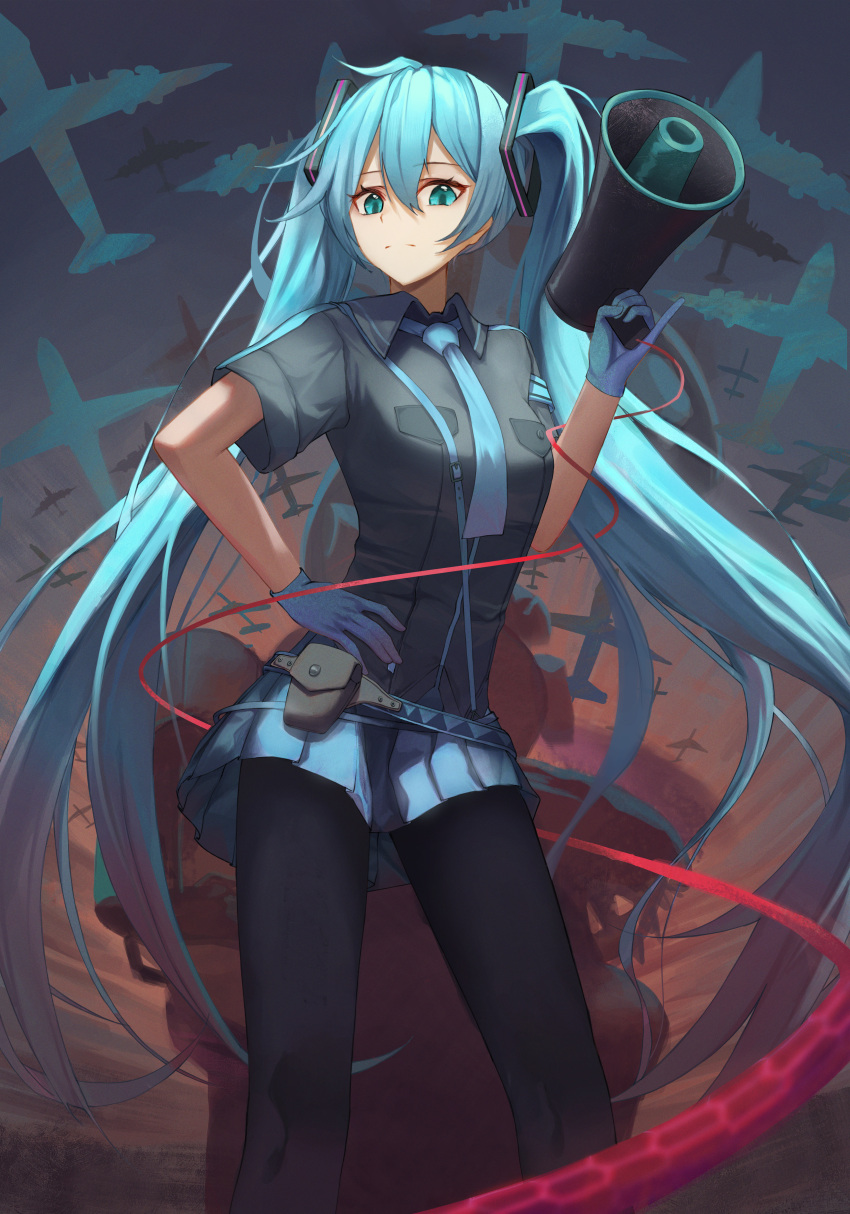 1girl absurdres aqua_eyes bangs black_pantyhose blue_gloves blue_hair blue_skirt breast_pocket closed_mouth collared_shirt dos_(ehgns007kr) dress_shirt floating_hair frown gloves grey_shirt hair_between_eyes hatsune_miku highres holding holding_megaphone koi_wa_sensou_(vocaloid) long_hair looking_at_viewer megaphone miniskirt pantyhose pleated_skirt pocket shirt short_sleeves skirt solo standing twintails very_long_hair vocaloid wing_collar