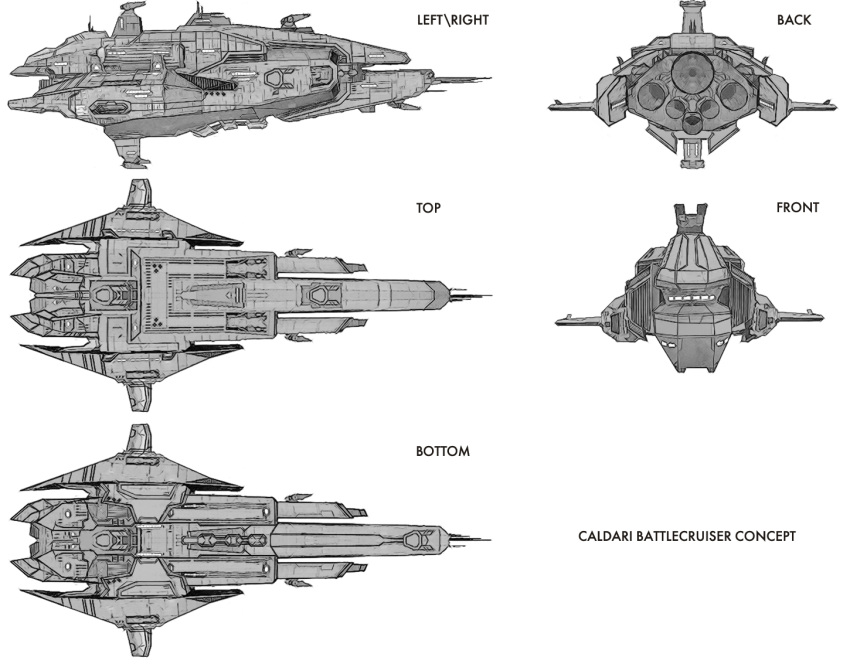 battlecruiser caldari_state_(eve_online) commentary concept_art english_text eve_online from_above from_behind from_below from_side greyscale jetheart machinery military military_vehicle monochrome multiple_views no_humans original science_fiction ship simple_background spacecraft thrusters vehicle_focus warship watercraft white_background