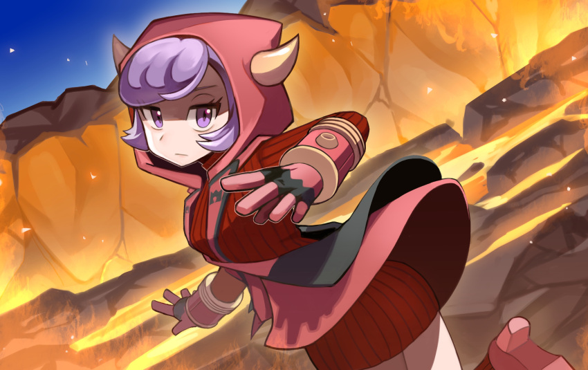 1girl =_(9_yawbus) bangs commentary_request courtney_(pokemon) dress eyelashes fake_horns gloves highres hood hood_up horned_headwear horns leg_up logo looking_at_viewer molten_rock night outdoors pokemon pokemon_(game) pokemon_oras purple_eyes purple_hair red_dress ribbed_dress short_hair sky solo sweater sweater_dress team_magma