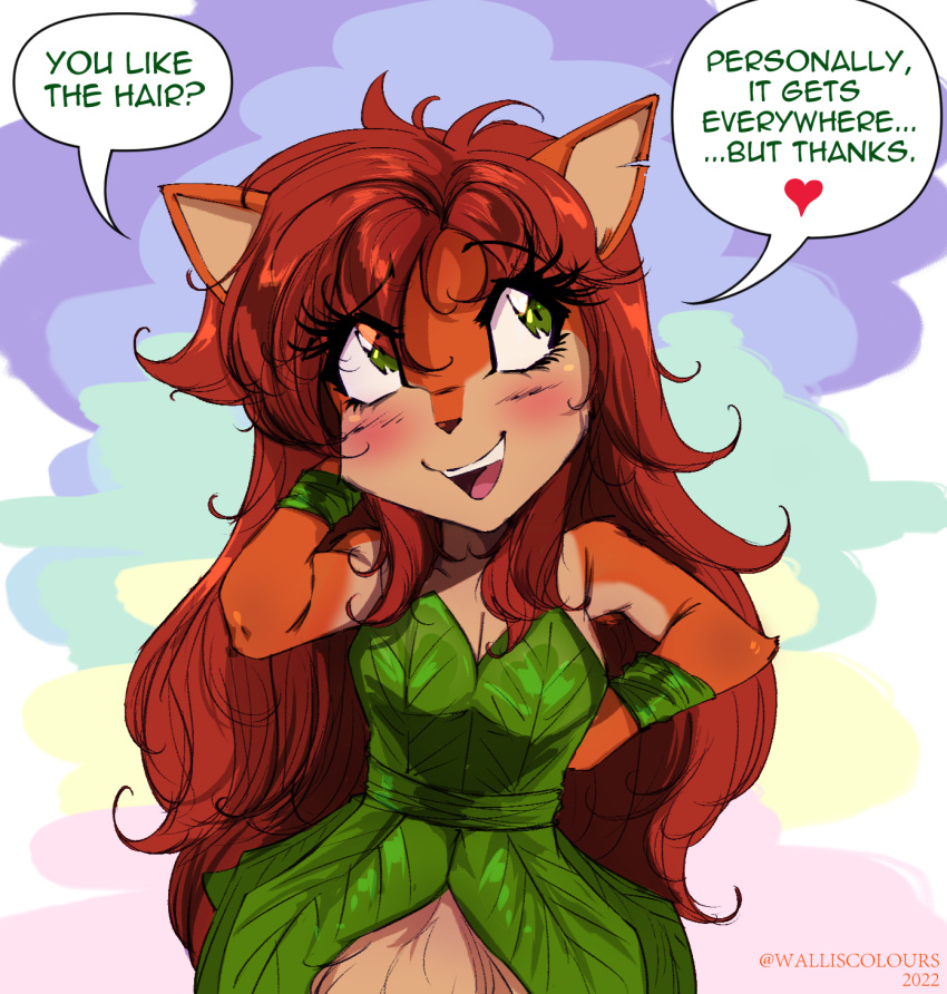 &lt;3 2022 activision anthro bashful blush breasts brown_body brown_fur brown_hair cervid clothed clothing dialogue elora eyebrow_through_hair eyebrows eyelashes faun_(spyro) female fur green_eyes hair hi_res leaf_clothing long_hair mammal open_mouth open_smile smile solo spyro_the_dragon tan_body tan_fur translucent translucent_hair video_games walliscolours