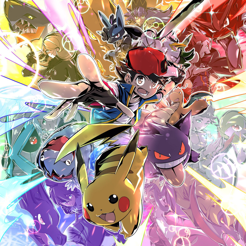 2boys 2girls ash_ketchum bangs baseball_cap bird black_hair character_request charizard colored_skin commentary_request dragonite fangs farfetch'd food furry gardevoir ghost green_hair hair_over_one_eye hat haunter highres holding holding_food holding_vegetable jacket kakashino_kakato looking_at_viewer lucario multicolored_skin multiple_boys multiple_girls open_mouth outstretched_arm pikachu poke_ball pokemon pokemon_(creature) pokemon_battle red_eyes short_hair sirfetch'd smile solo_focus spiked_hair spring_onion teeth tongue tongue_out vegetable yellow_eyes