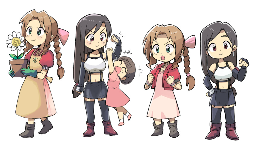 3girls aerith_gainsborough apron bangle bangs black_bra black_gloves black_hair black_skirt black_thighhighs blunt_bangs boots bra bracelet braid braided_ponytail breasts brown_apron brown_eyes brown_footwear brown_hair chibi clenched_hand closed_eyes crop_top cropped_jacket dress earrings elbow_gloves female_child final_fantasy final_fantasy_vii final_fantasy_vii_remake fingerless_gloves flexing flower flower_pot full_body gardening gloves green_eyes green_gloves hair_ribbon hand_on_hip hanging_on_arm highres jacket jewelry long_dress long_hair low-tied_long_hair marlene_wallace midriff miniskirt multiple_girls multiple_views navel open_mouth parted_bangs pink_dress pink_footwear pink_ribbon pose puffy_short_sleeves puffy_sleeves red_jacket ribbon shirt short_hair short_sleeves sidelocks skirt smile sports_bra standing thighhighs tifa_lockhart tsubobot underwear white_background white_flower white_shirt