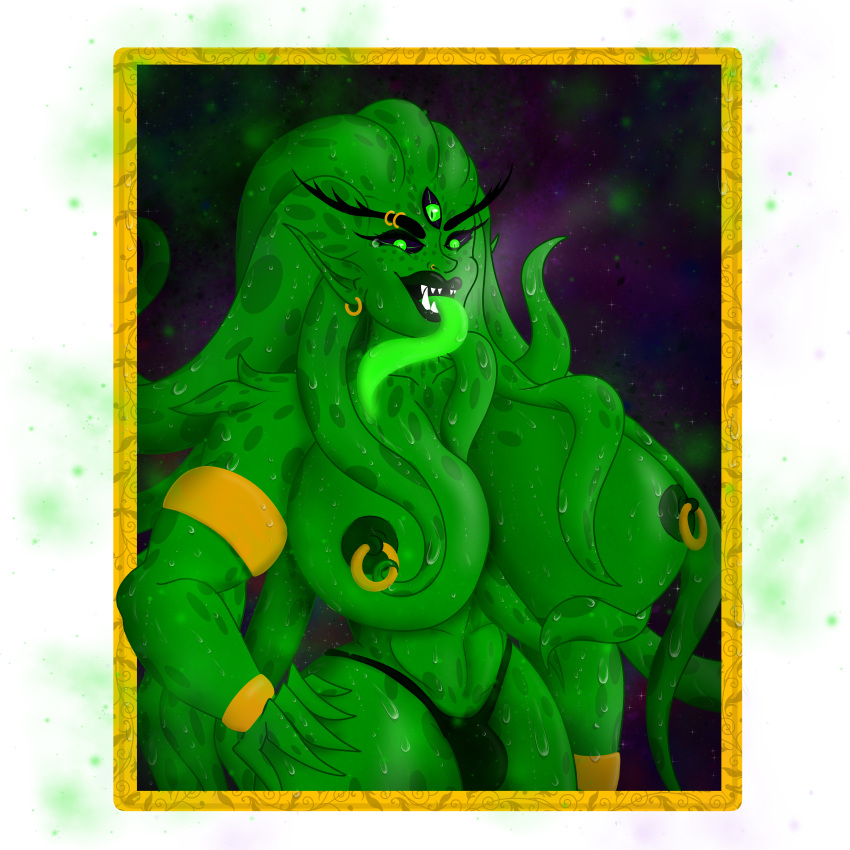 3_eyes absurd_res alien alien_humanoid big_breasts breast_grab breasts bulge clothed clothing digital_drawing_(artwork) digital_media_(artwork) ear_piercing eyebrow_piercing facial_piercing fangs green_body gynomorph hand_on_breast hi_res huge_breasts humanoid intersex looking_at_viewer lovecraftian_(genre) monster_girl_(genre) multi_eye nipple_piercing nipples piercing portrait pseudo_hair solo standing tentacle_hair tentacle_monster tentacle_tongue tentacles tongue zugna