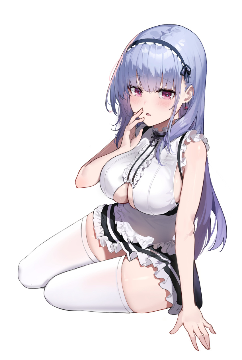 1girl absurdres azur_lane breasts dido_(azur_lane) headband highres large_breasts looking_at_viewer maanu maid open_mouth purple_eyes sitting sleeveless thighhighs white_thighhighs