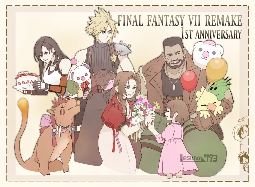 aerith_gainsborough animal animal_hood armor baggy_pants balloon bangle bangs bare_shoulders barret_wallace beads beard belt black_bra black_gloves black_hair black_shirt black_skirt blonde_hair blue_eyes bouquet bra bracelet braid braided_ponytail breasts brown_background brown_hair brown_vest cait_sith_(ff7) cake cat chocobo choker closed_eyes cloud_strife collar cropped_jacket crown dark-skinned_male dark_skin dog_tags dress earrings elbow_gloves facial_hair father_and_daughter feet_out_of_frame female_child final_fantasy final_fantasy_vii final_fantasy_vii_remake fingerless_gloves flame-tipped_tail flower flower_choker food gloves green_eyes green_pants hair_beads hair_between_eyes hair_ornament hair_ribbon holding holding_bouquet holding_cake holding_flower holding_food holding_plate hood jacket jewelry large_breasts leaning_forward lesuna long_dress long_hair marlene_wallace medium_breasts moogle multiple_belts multiple_boys multiple_girls neck_ribbon open_mouth orange_fur pants parted_bangs parted_lips pink_dress pink_ribbon plate puffy_short_sleeves puffy_sleeves red_eyes red_hair red_jacket red_xiii ribbon sabotender scar scar_on_cheek scar_on_face shirt short_hair short_sleeves shoulder_armor sidelocks single_earring skirt sleeveless sleeveless_shirt sleeveless_turtleneck smile spiked_hair sports_bra stuffed_animal stuffed_toy teeth thigh_strap tifa_lockhart tonberry torn_clothes torn_sleeves turtleneck underwear upper_teeth very_short_hair vest white_flower white_shirt yellow_flower yuffie_kisaragi