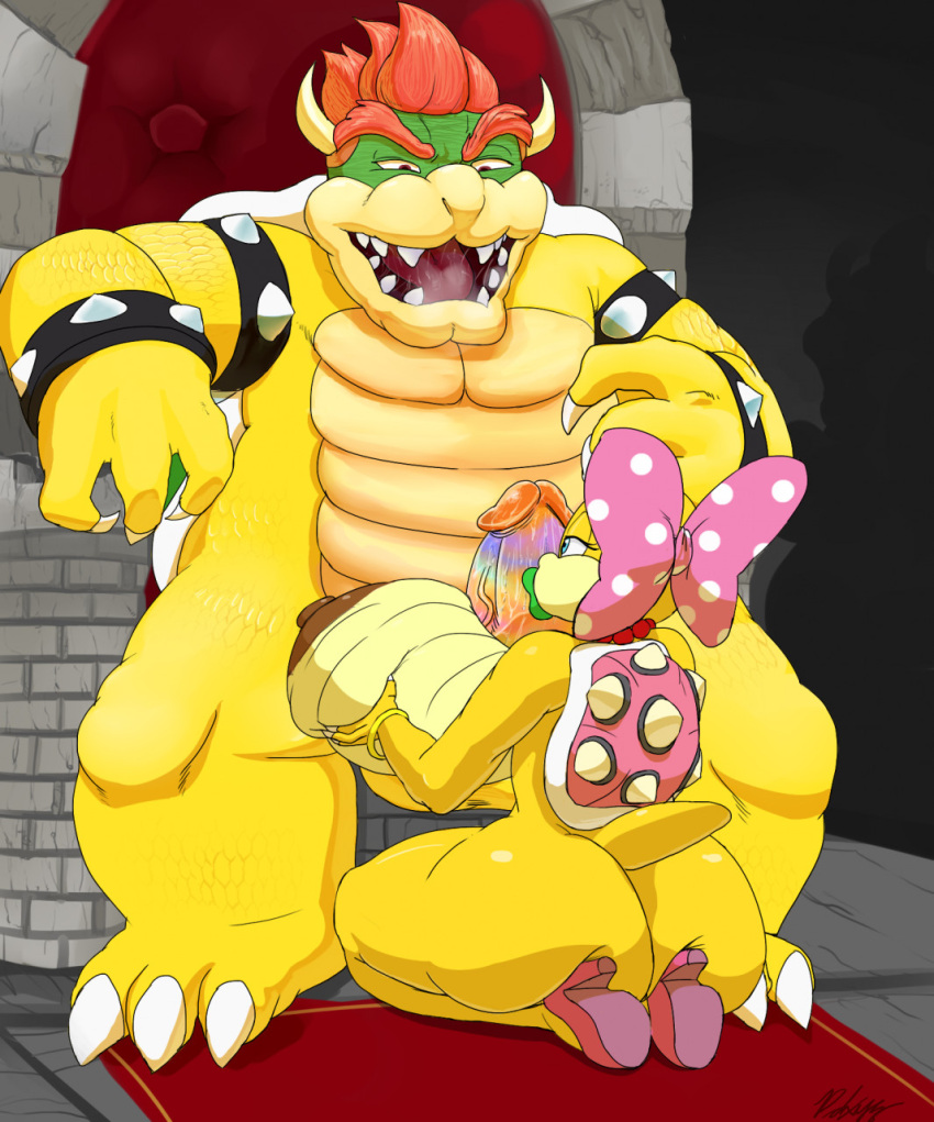 accessory anthro areola big_breasts big_butt blue_eyes bowser bracelet breast_play breasts brown_areola brown_nipples butt chair clothing duo female footwear furniture hair hair_accessory hair_ribbon half-closed_eyes hi_res high_heels huge_breasts huge_butt jewelry kneeling koopa koopaling male male/female mario_bros narrowed_eyes nintendo nipples non-mammal_breasts nude open_mouth pdxyz red_hair ribbons scales scalie sex shell sitting spiked_bracelet spikes thick_thighs throne titfuck video_games wendy_o._koopa