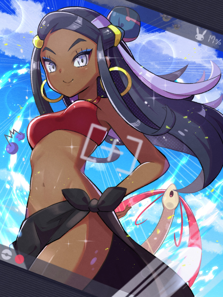 1girl azurill black_hair blue_hair breasts cloud dark-skinned_female dark_skin day earrings eyeshadow hand_on_hip highres hoop_earrings inana_umi jewelry looking_at_viewer makeup milotic multicolored_hair navel nessa_(pokemon) open_mouth pikachu pokemon pokemon:_twilight_wings recording rookidee sarong sky smile tail two-tone_hair v-shaped_eyebrows viewfinder water wings