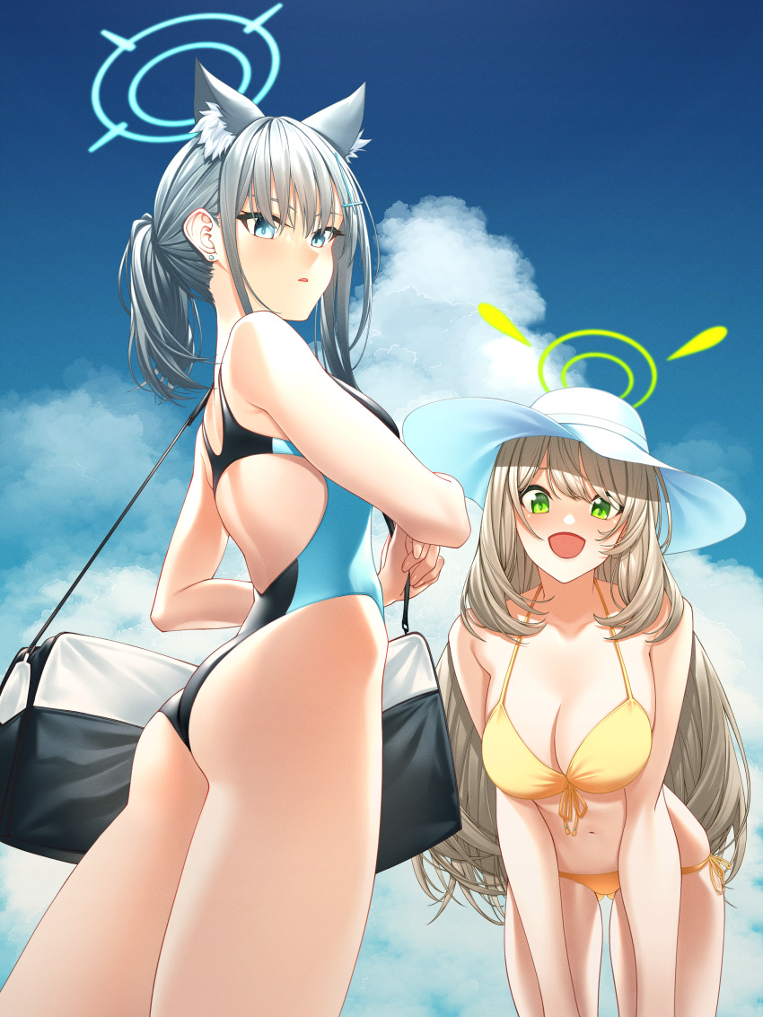 2girls :d absurdres animal_ear_fluff animal_ears ass ass_visible_through_thighs aura bag bangs bare_arms bare_legs bent_over bikini blonde_hair blue_archive blue_eyes breasts cat_ears cleavage collarbone competition_swimsuit d: day earrings from_below front-tie_bikini front-tie_top green_eyes grey_hair hair_between_eyes hat hat_ribbon highres jewelry large_breasts long_hair looking_at_viewer multiple_girls navel nonomi_(blue_archive) nonomi_(swimsuit)_(blue_archive) one-piece_swimsuit open_mouth outdoors ponytail ribbon shiny shiny_hair shiroko_(blue_archive) shiroko_(swimsuit)_(blue_archive) side-tie_bikini smile soruna_(nell) standing sun_hat swimsuit very_long_hair white_headwear white_ribbon yellow_bikini yellow_ribbon