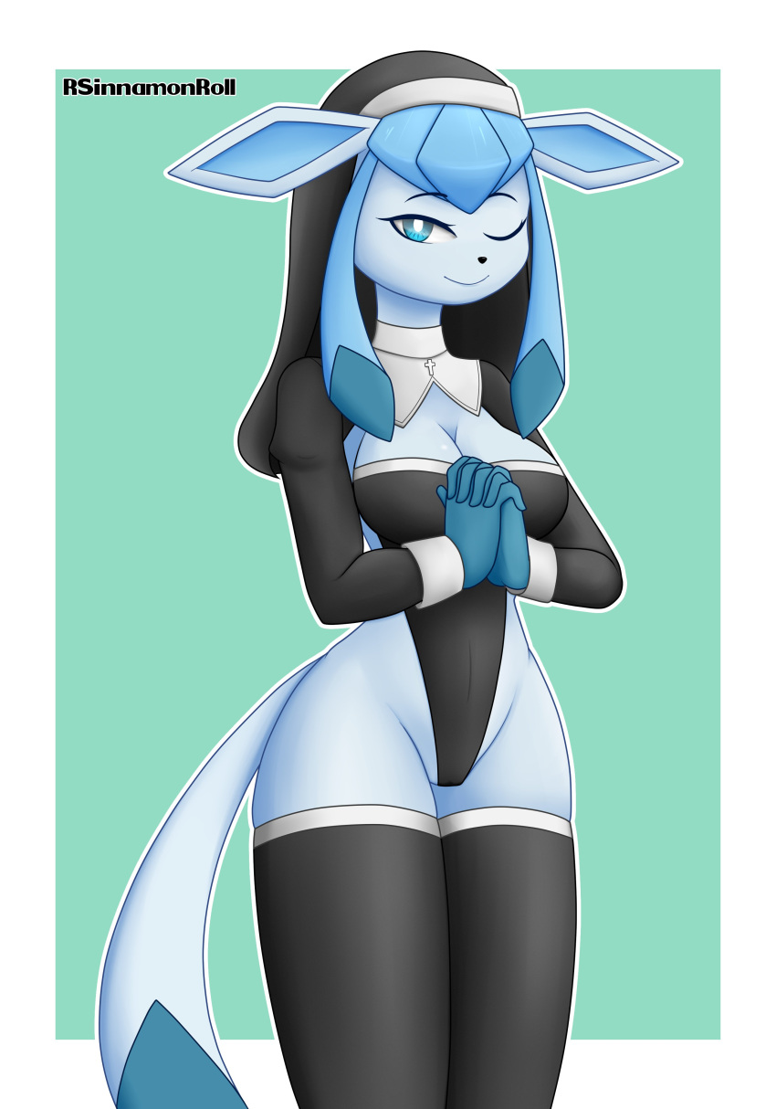 absurd_res alternate_version_at_source anthro blue_body blue_eyes breasts clothing costume eeveelution female glaceon hi_res legwear nintendo nun nun_outfit one_eye_closed pok&eacute;mon pok&eacute;mon_(species) pok&eacute;morph rsinnamonroll solo thigh_highs video_games wink