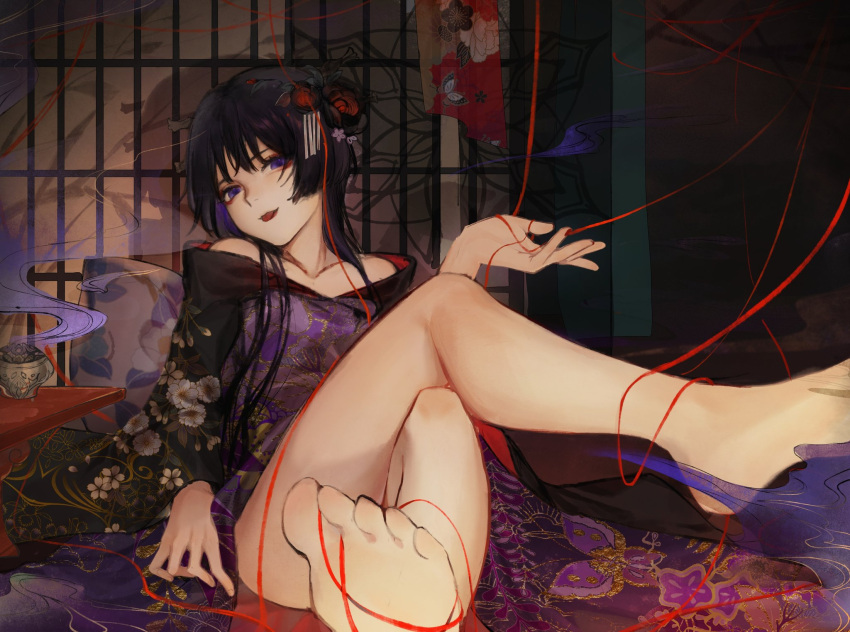 1boy bangs bare_shoulders barefoot black_kimono closed_mouth collarbone commentary eyeshadow feet floral_print flower genshin_impact hair_bun hair_flower hair_ornament head_tilt highres incense incense_burner indoors japanese_clothes kanzashi kimono long_hair long_sleeves looking_at_viewer makeup male_focus muhanyin1 multicolored_clothes off_shoulder parted_bangs pillow print_kimono purple_eyes purple_kimono red_eyeshadow scaramouche_(genshin_impact) shouji sidelocks single_side_bun sitting sliding_doors smile solo string string_of_fate table toes tongue tongue_out wide_sleeves