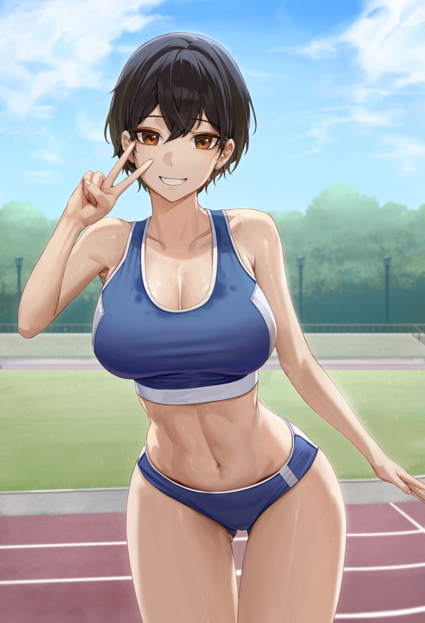 1girl absurdres armpit_crease armpits ass_visible_through_thighs bangs bare_arms bare_shoulders black_hair blue_buruma blue_sky blue_sports_bra breasts brown_eyes buruma cleavage cloud cloudy_sky commentary cowboy_shot cryturtle day grass grin hair_between_eyes hand_up highres large_breasts looking_at_viewer micro_shorts midriff navel original outdoors short_hair shorts sky smile solo sports_bra stained_clothes standing stomach sweat sweaty_clothes taut_clothes teeth thigh_gap thighs track_and_field v wet