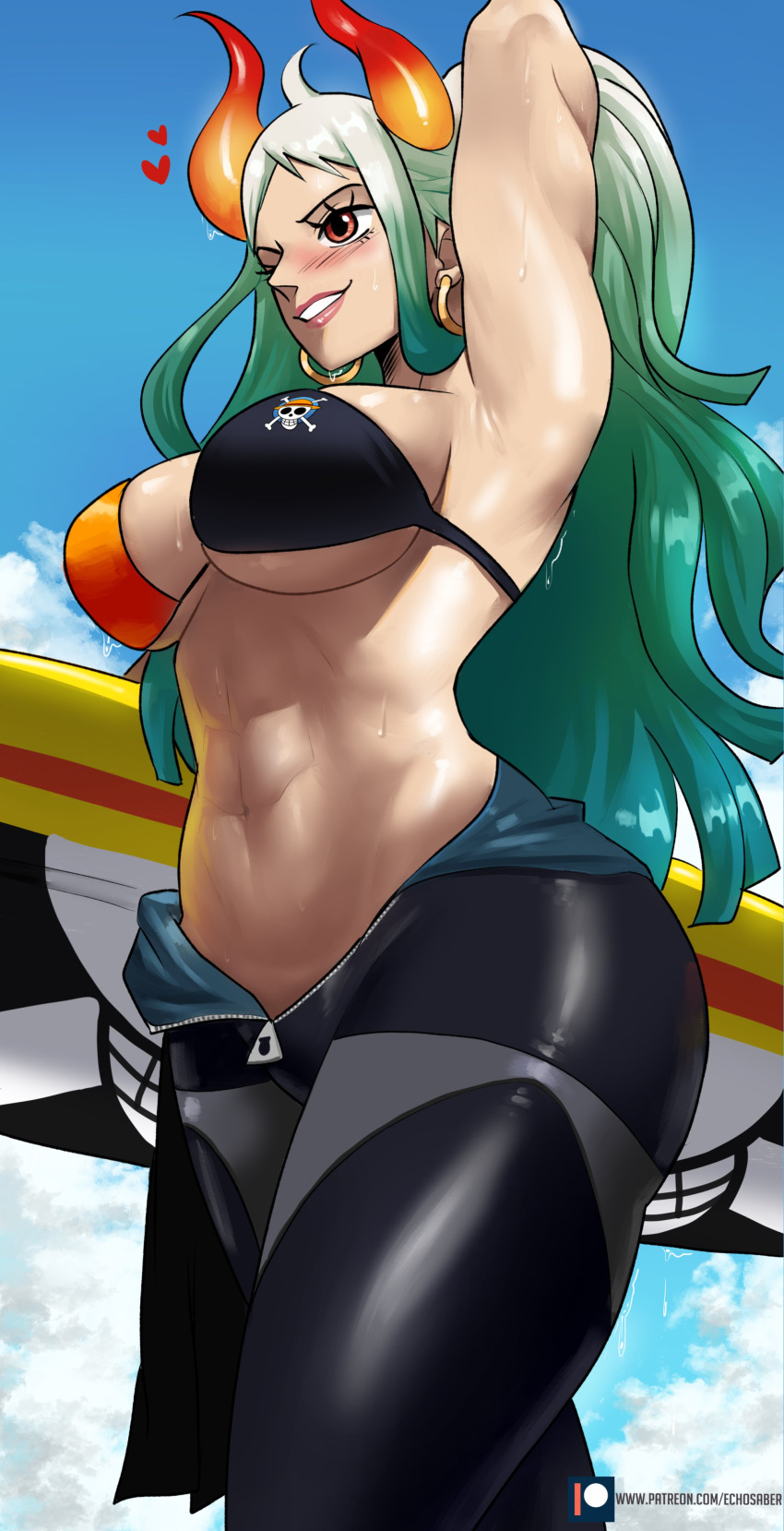 1girl abs absurdres ahoge alternate_costume aqua_hair arm_behind_back arm_up armpits bikini bikini_top_only blue_sky blush bodysuit breasts curled_horns day earrings echo_saber from_below from_side green_hair grey_hair heart highres holding holding_surfboard hoop_earrings horns jewelry large_breasts lips long_hair multicolored_hair multicolored_horns navel one_piece oni orange_eyes outdoors parted_lips red_horns shiny shiny_clothes shiny_hair shiny_skin skull_and_crossbones sky smile solo stomach surfboard swimsuit toned underboob unzipped very_long_hair walking wetsuit yamato_(one_piece) yellow_horns zipper zipper_pull_tab