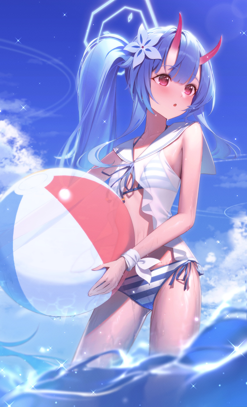 1girl absurdres ball bangs bare_arms beachball bikini blue_archive blue_hair blue_ribbon blue_sky blush chise_(swimsuit)_(blue_archive) collarbone day flat_chest floating_hair flower friend0426 hair_flower hair_ornament highres holding holding_ball horns long_hair open_mouth outdoors red_eyes ribbon sailor_bikini sailor_collar shiny shiny_hair side-tie_bikini side_ponytail sky solo standing striped striped_bikini swimsuit very_long_hair wading white_flower white_sailor_collar