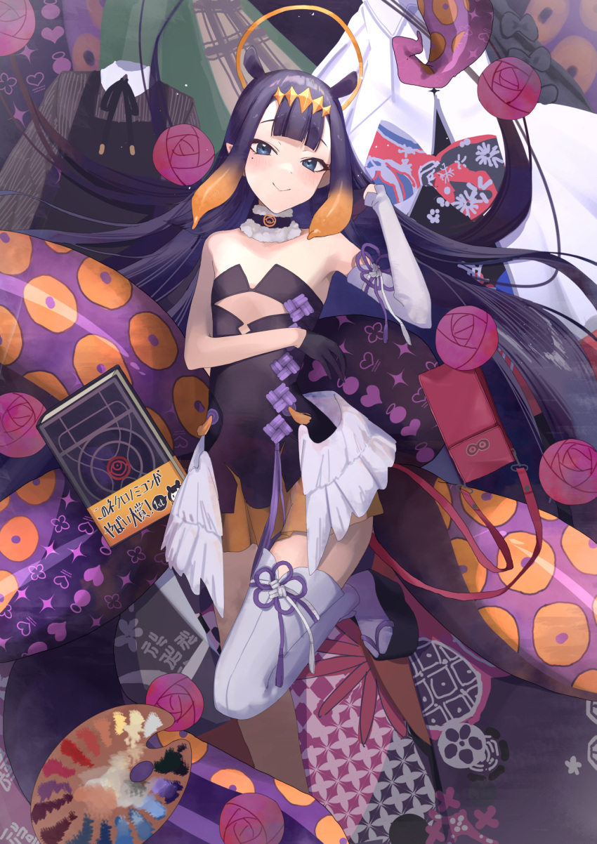 1girl bangs bare_shoulders black_gloves blue_eyes blush detached_sleeves dress eyebrows_hidden_by_hair flat_chest gloves hair_ornament halo highres hololive hololive_english long_hair looking_at_viewer lying mole mole_under_eye ninomae_ina'nis on_back purple_hair sandals smile solo suna6080 tentacles thighhighs virtual_youtuber white_thighhighs wings