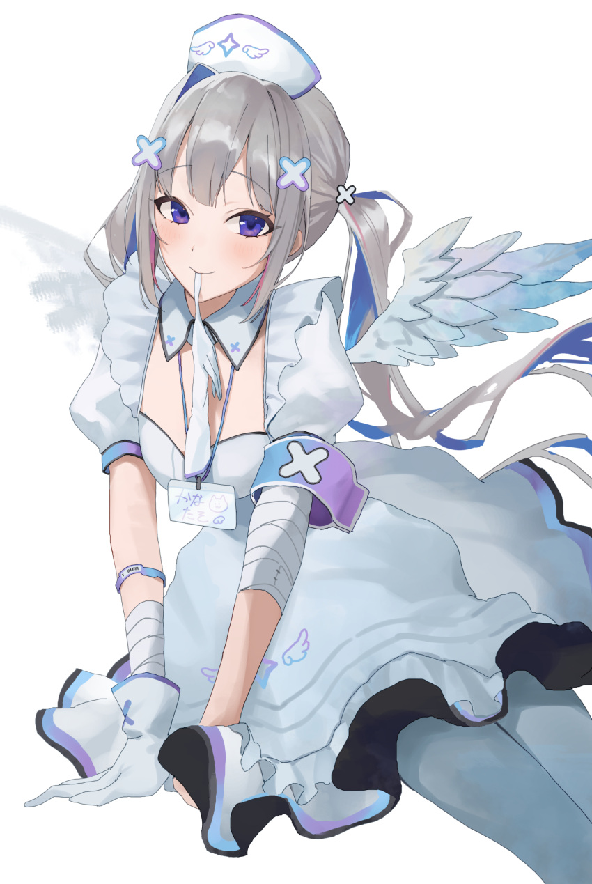 1girl amane_kanata angel_wings bandaged_arm bandages biting blue_hair blue_pantyhose blush commentary dress frills glove_biting gloves gloves_removed grey_hair hair_ornament hat highres hololive long_hair looking_at_viewer nurse_cap pantyhose puffy_sleeves simple_background smile solo suna6080 twintails virtual_youtuber white_background white_gloves wings