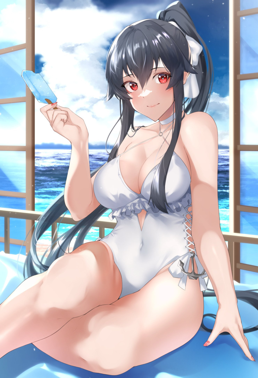 1girl black_hair breasts casual_one-piece_swimsuit cleavage cosplay food frilled_swimsuit frills headband highres kantai_collection large_breasts long_hair looking_at_viewer one-piece_swimsuit ponytail popsicle red_eyes sagiri_(kancolle) sagiri_(kancolle)_(cosplay) side-tie_swimsuit sidelocks solo swimsuit white_swimsuit window yahagi_(kancolle) z_(knkr1025)